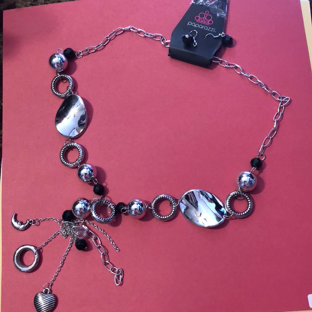 Longer Necklace Black & Silver &charms
